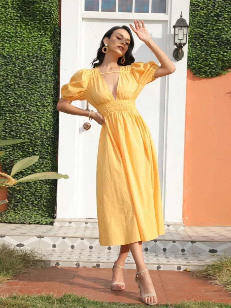 

Women's Summer Casual Midi Linen Dress Fashion Boho Puff Short Sleeve V Neck Plain A Line Flared Yellow Dress Female Clothing