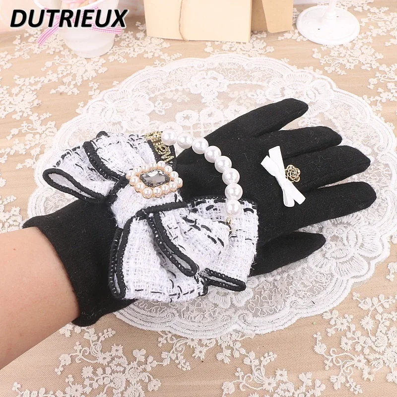 Bow Heavy Industry Beaded Lady Sweet Cute Finger Wool Gloves for Women Thickened Velvet Autumn and Winter 2024 New Fashion