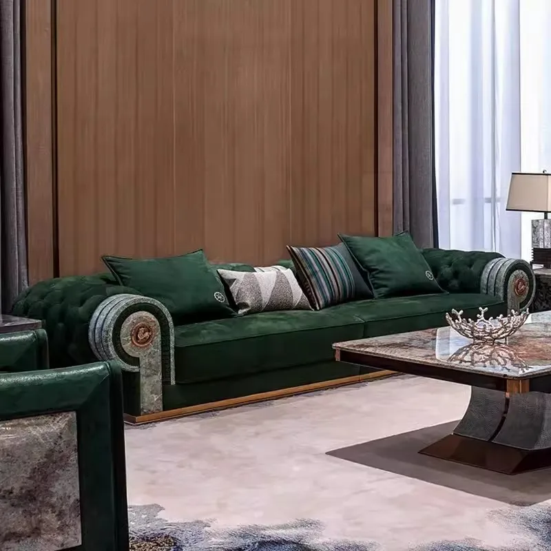 #￥MR Luxury Stainless Steel Base Leather Buckle Sofa Custom Living Room Couch Sofa Set Sectional Sofa Villa