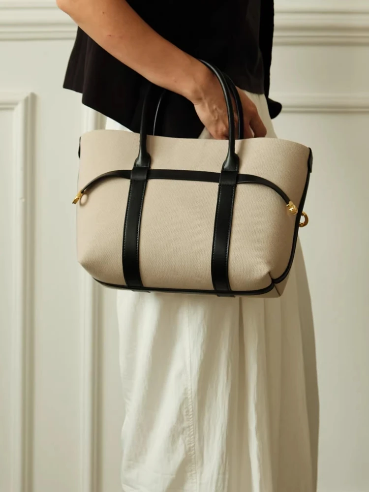 

Color blocked Fashion Unique Elegant Canvas+Genuine Leather Women Bag\Handbag Simple Real Leather Tote Bag Big Capacity