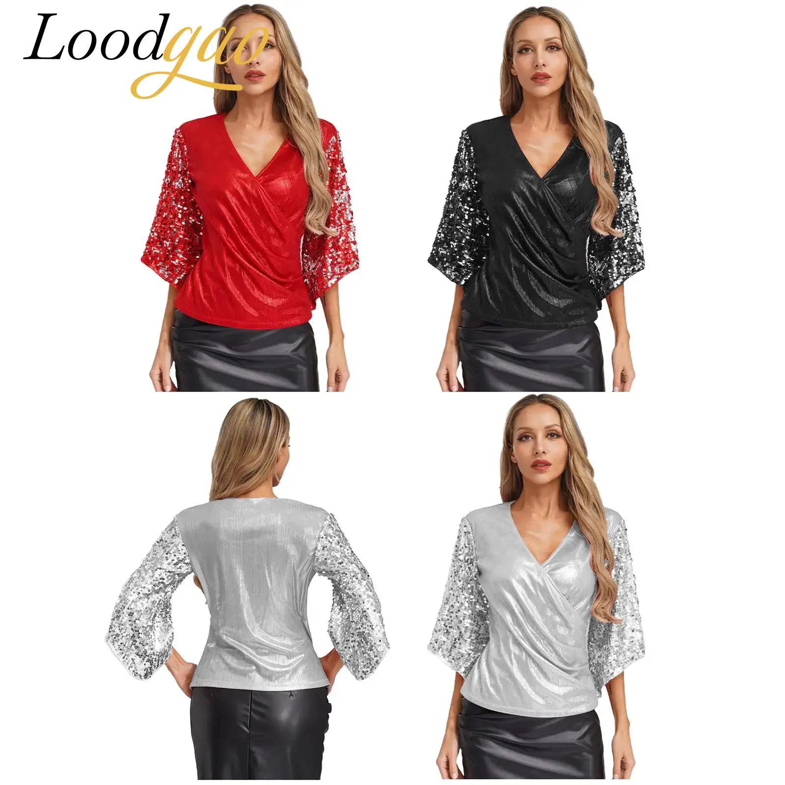 

Women Fashion Tops Blouses Summer Clothes V-neck Woman's Clothes Club Cocktail Party Costume Evening Glittery Sequins Tops
