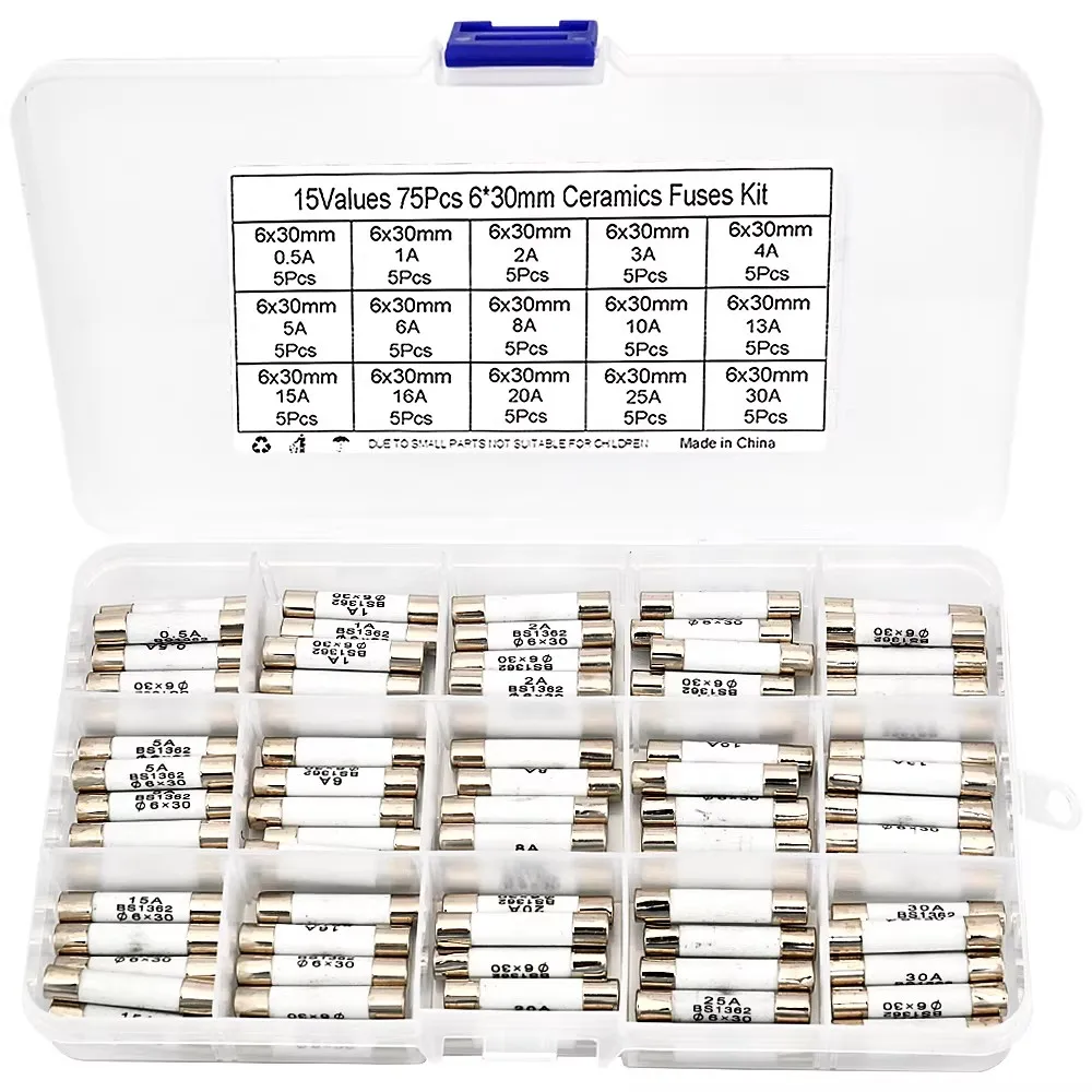 75PCS Set 6*30MM Ceramic Fuse Assortment 0.5A-30A 15 Types of Fuses per Set for Electrical Circuit Protection