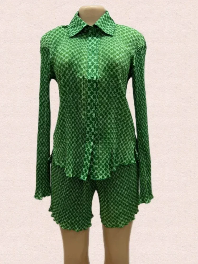 Sweet and fresh printed lapel collar long-sleeved shirt high waist shorts two-piece set fashionable simple and versatile tempera