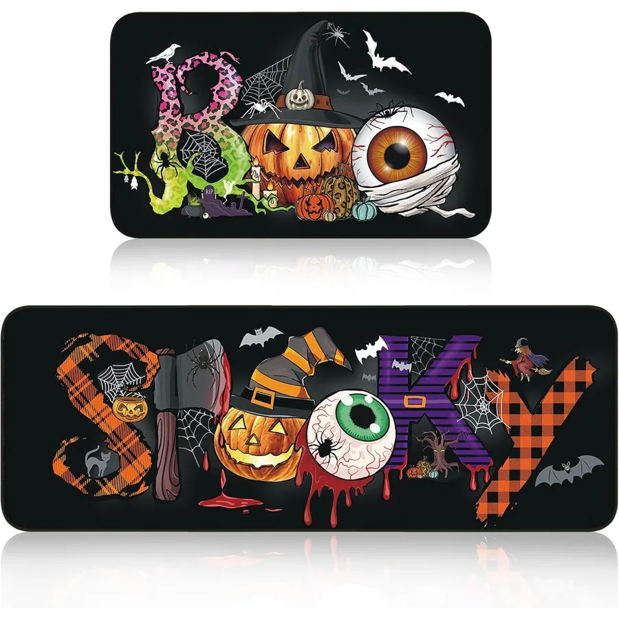 

Halloween Kitchen Mats Set of 2 17 x 29 and 17 x 47 Inch Halloween Kitchen Decor Non Slip Backing Mat with Runner Mats for Floo