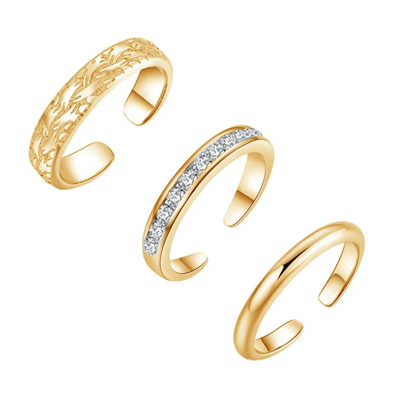 مجموعة ثلاثية من حلقات أصابع القدم النسائية، مطلية بالذهب عيار 18 قيراط، مقاس قابل للتعديل، تصميم زهور لمجوهرات الشاطئ #3