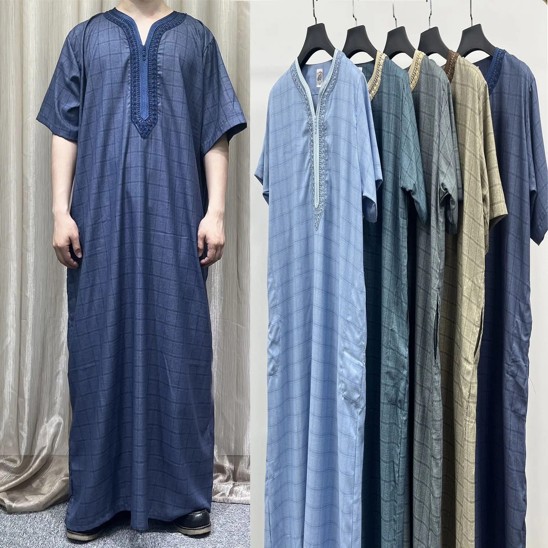 Arabic Short Sleeves Summer Thobe Islamic Kaftan Clothes Embroidery Muslim Saudi Arabia Men Moriccan Robes Luxury Jalabiya