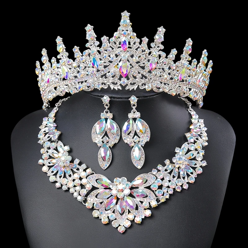 Kristallen Strass Bruids Tiara 'S Kroon Vrouwen Koningin Prinses Paars Roze Rood Blauw Groen Ketting Sets Mode Sieraden Set Diademen