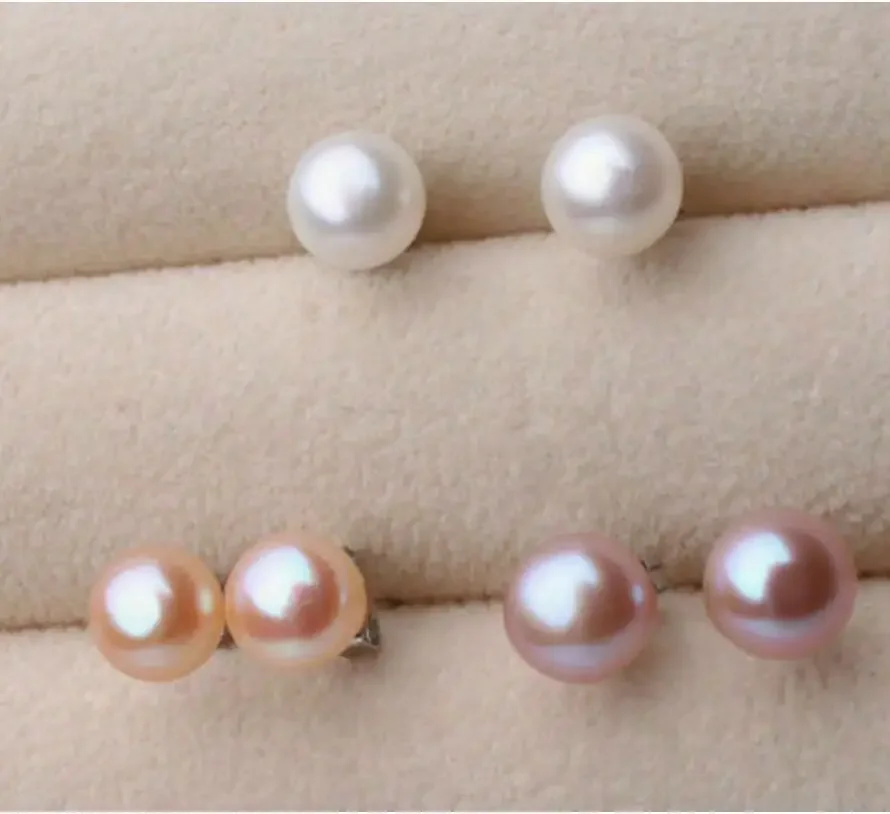 

Fashion jewelry 7-8mm Genuine Natural White Pink Purple Pearl Silver Earrings AAA