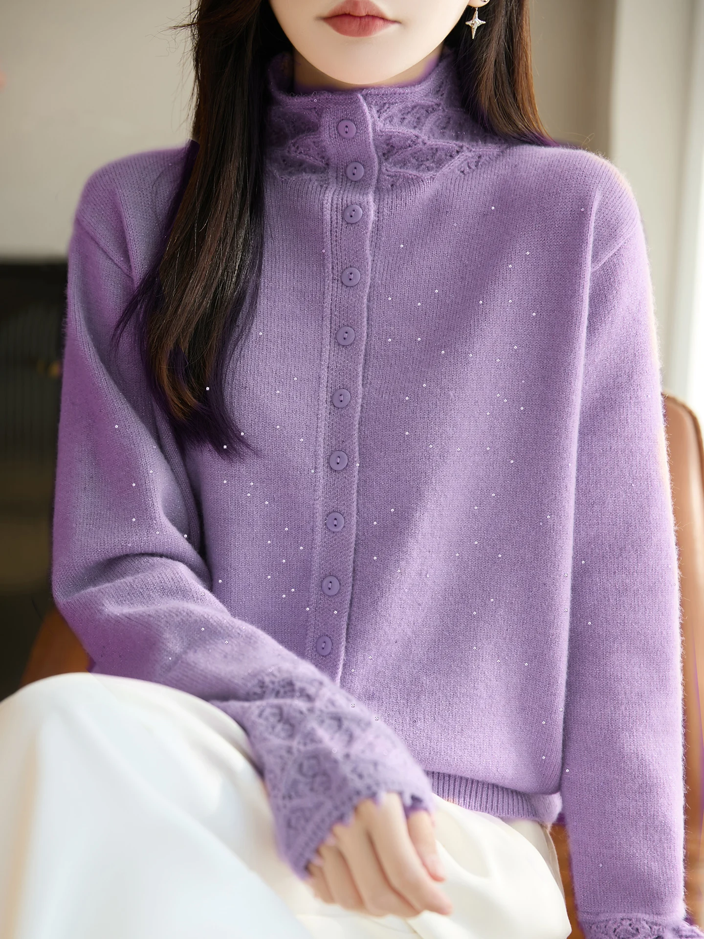 เสื้อคาร์ดิแกนไหมพรมถักลายดอกไม้ประดับเลื่อมแบบหลวมๆ สไตล์โรแมนติก สำหรับผู้หญิง ใส่ได้ทั้งฤดูใบไม้ร่วงและฤดูหนาว...