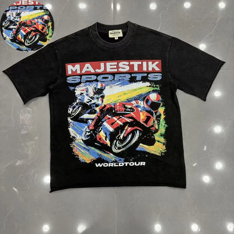 European American Motorcycle Racing Pattern Rhinestone Short Sleeved Tops High-quality Casual Loose T-shirt