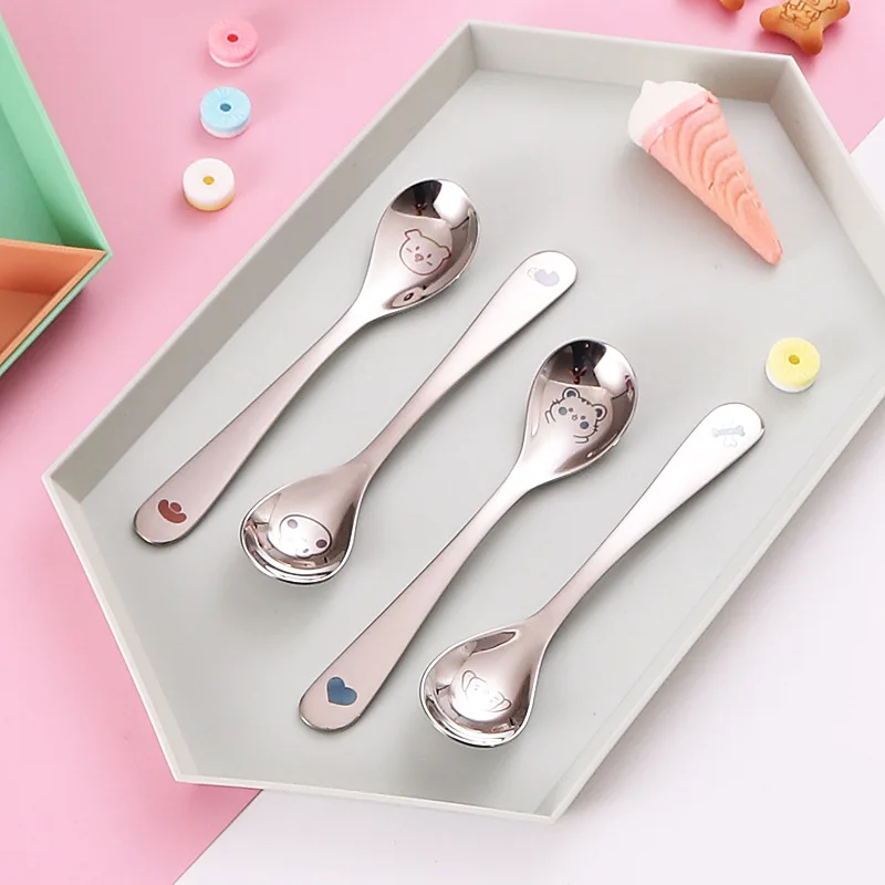 304 stainless steel cartoon pattern spoon head auxiliary food spoon baby learn to eat, feeding spoon children's tableware