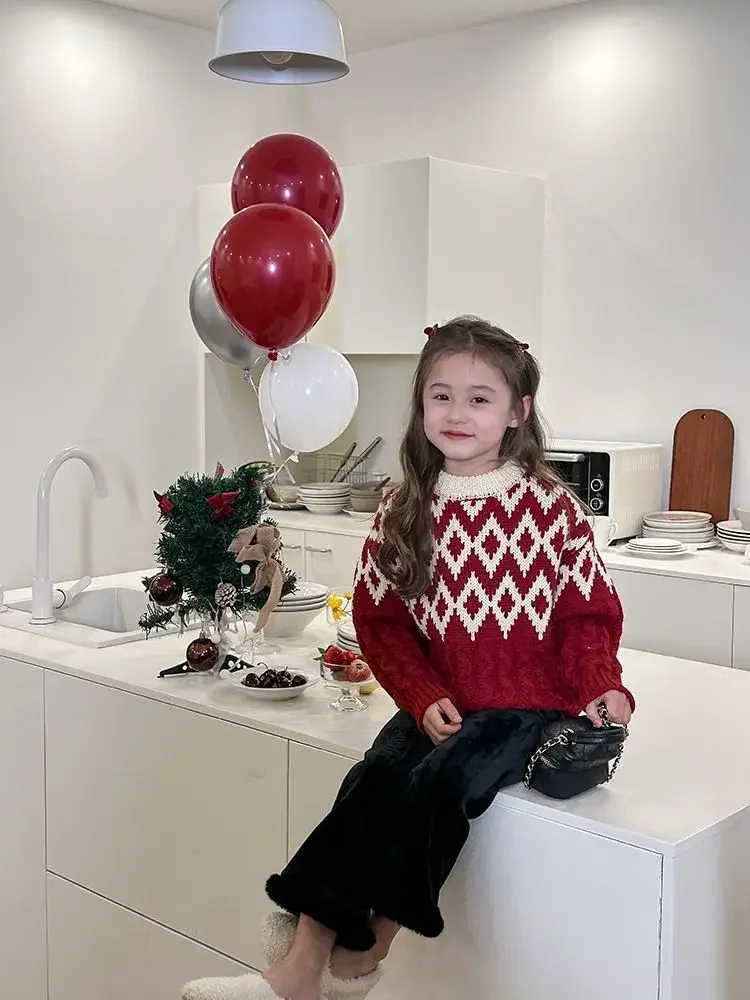 2024 Autumn and Winter New Girls Festive Red Sweater Children Retro Diamond Patterned New Year Jacquard Knitted Top