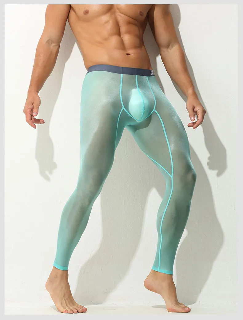 Blue pants men's leggings single piece tight ultra-thin elastic ice silk fully transparent sexy transparent fitness shorts