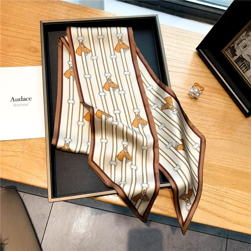 Luxus Lange Seide Schal Weibliche Tier Pferd Druck Dünne Schmale Schal Tasche Haar Band Band Schals Frauen Halstuch – Detail 27