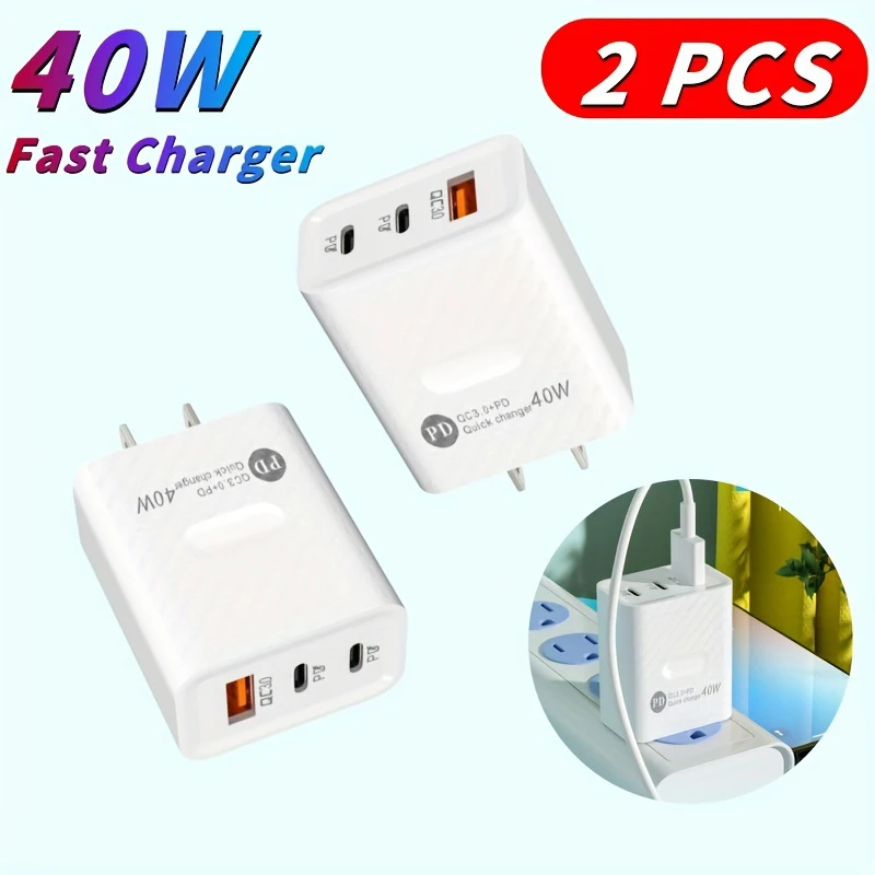 2PCS 40W 3 Ports 2 PD Type C Charger Quick Charge 3.0 US Plug Fast Charging For iPhone Samsung Xiaomi Phone PD Charger Adapter