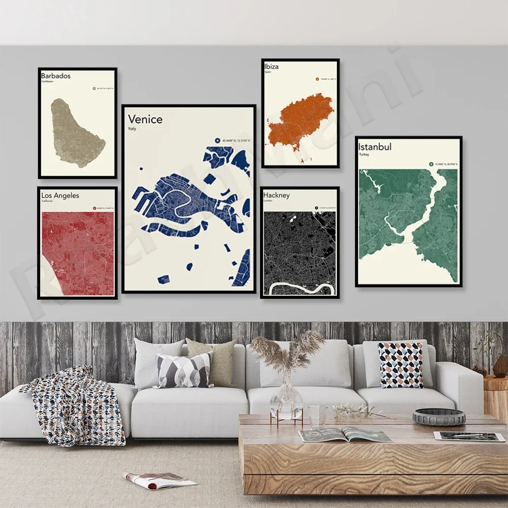 

Barbados Caribbean, Los Angeles, Bangkok, Hackney London, Bristol, Manchester, Sheffield UK, Istanbul, Lisbon, Venice map poster