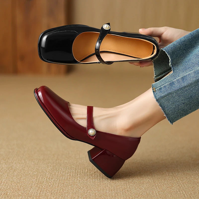 2026 new spring autumn women pumps natural leather plus size 22-26.5 cm cowhide+pigskin square toe buckle high heel  women shoes