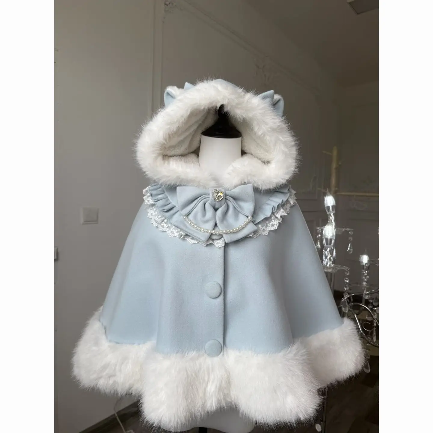 Autumn Winter Cute Lolita Woolen Cloak Elegant Temperament Sweet Girl Hooded Cloak Plush Patchwork Bow Shawl Furry Coat