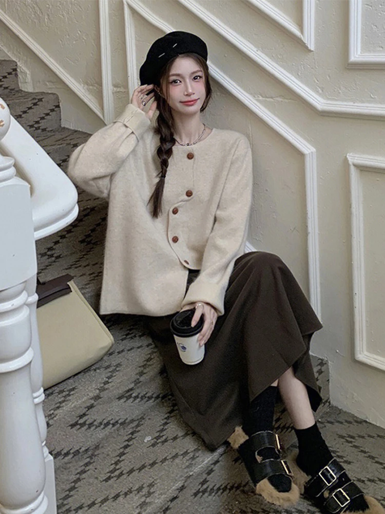 Ce Brown High Waist f Body Skirt Women's Early Autumn New Design Sensation Super Beautiful Waist Inward Long Skirt