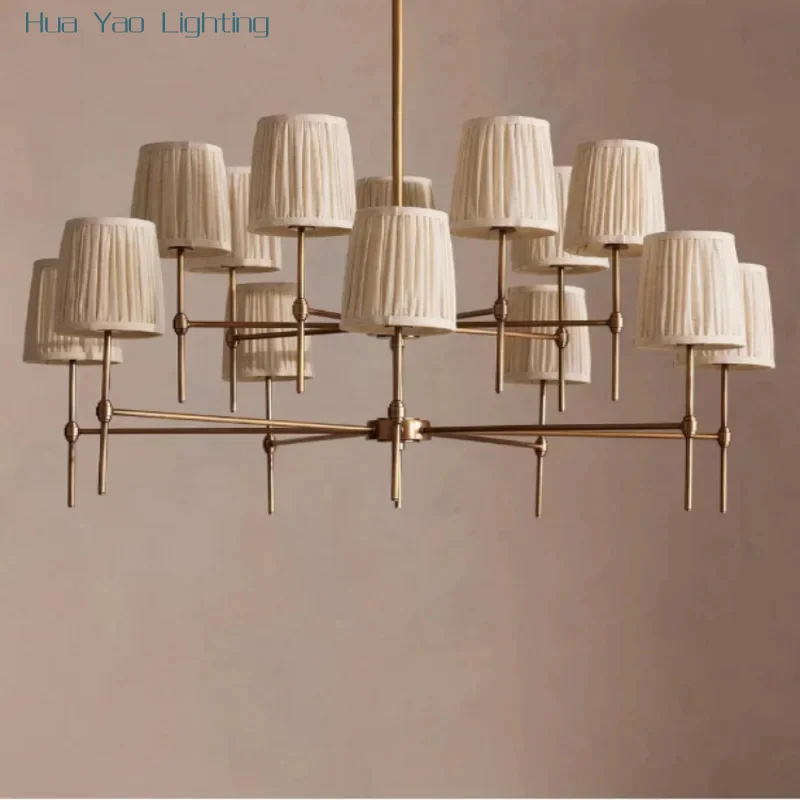 

Retro American Fabric Chandeliers Copper Living Room Dining Table Home Decor Nordic Lamps Luxury Villa Pendant Light LED