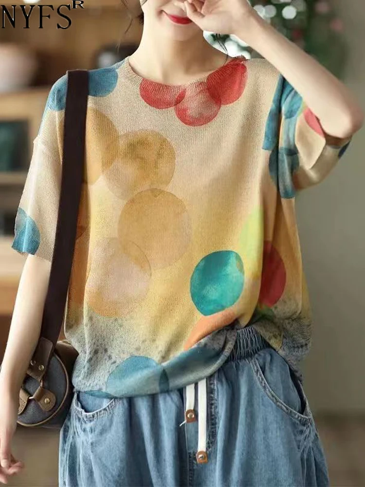 NYFS 2024 New Summer Korea Kimono Womens T shirt Fashion big size Woman Knitting tops Loose Print  Blusas Camisa Mujer