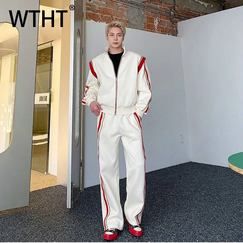 

WTHT Fashion 2025 Autumn Men's Suit Striped Fake Two-pieve Stand Collar Coats Casual Wide Leg Straight Trousers Male 2A1849