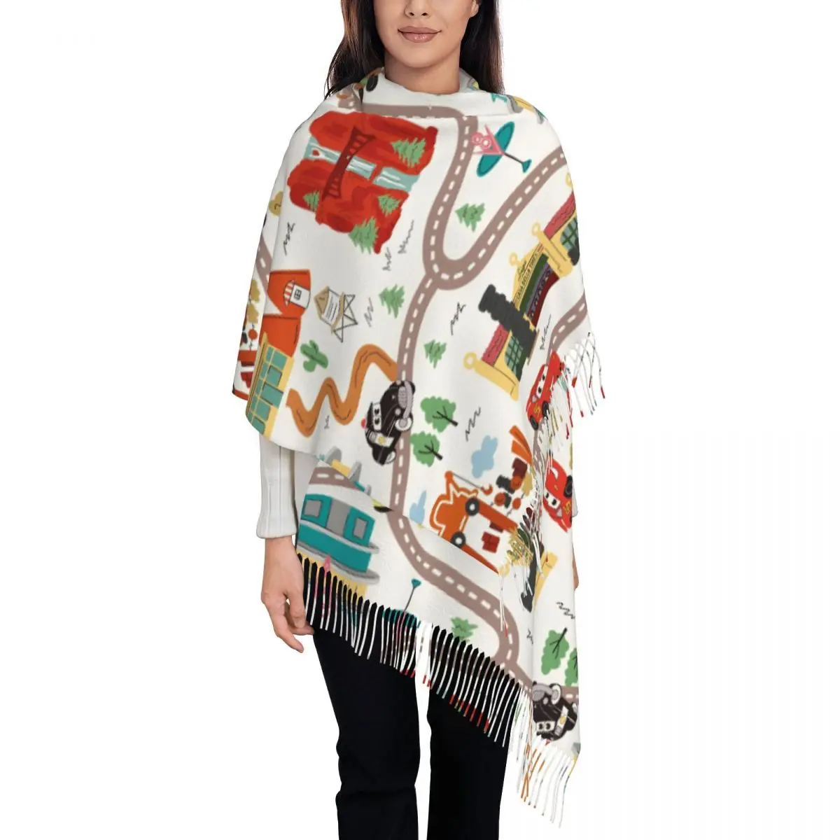 

Женский шарф с кисточками Cars Lightning McQueen, длинная мягкая теплая шаль, повседневная одежда, кашемировый шарф