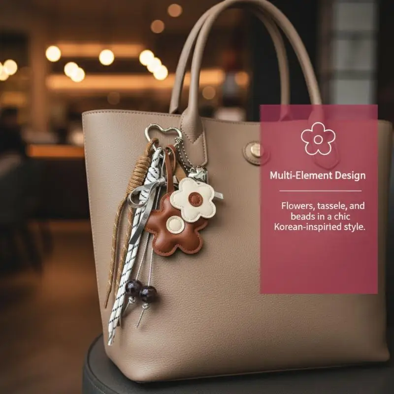 Colgante de Cuero PU con Forma de Corazón y Flor para Mujer, Llavero Boho, Accesorio Bonito para Bolso, Regalo de Cumpleaños