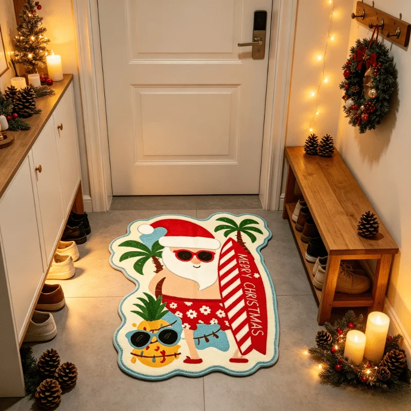 VIKAMA Summer Christmas Rug Tropical Surf Santa Pineapple Irregular Floor Mat Non‑Slip Area Rug for Xmas Holiday Home Decor