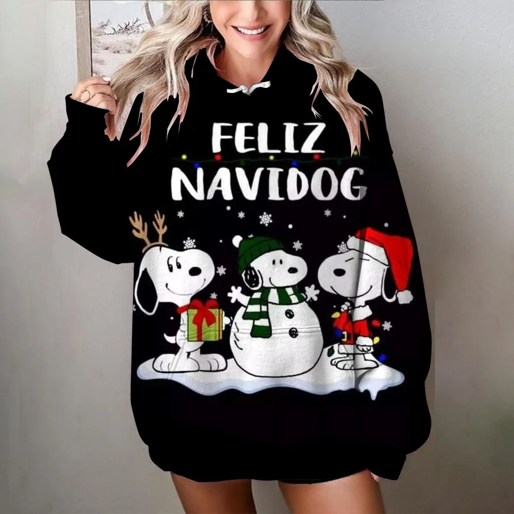 Women's Plus Size Christmas Snoopy print Hoodie Pullover with Contrasting Snowflake Pattern All-Season Stylish Sweatshirt