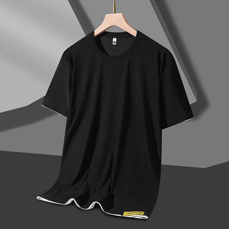 

2024 Summer New Sports Casual Ice Silk Short Sleeve Men's Speed Dry Ice Feel Elastic Breathable Loose Round Neck T-shirt Men's