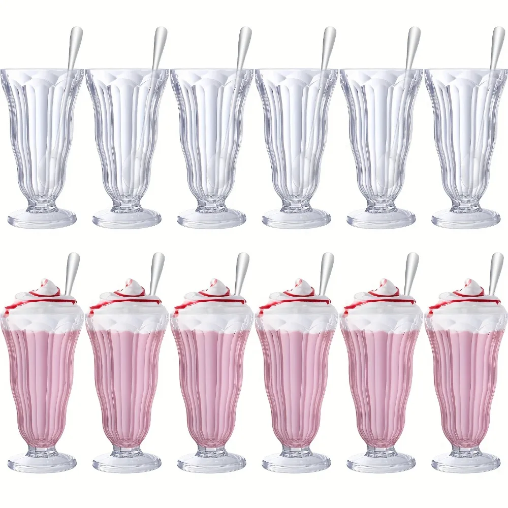 

12 Set Milkshake Glass 17oz Sundae Glasses with Stainless Steel Spoons Old Fashioned Clear Soda Milkshake Cups Plastic Ice