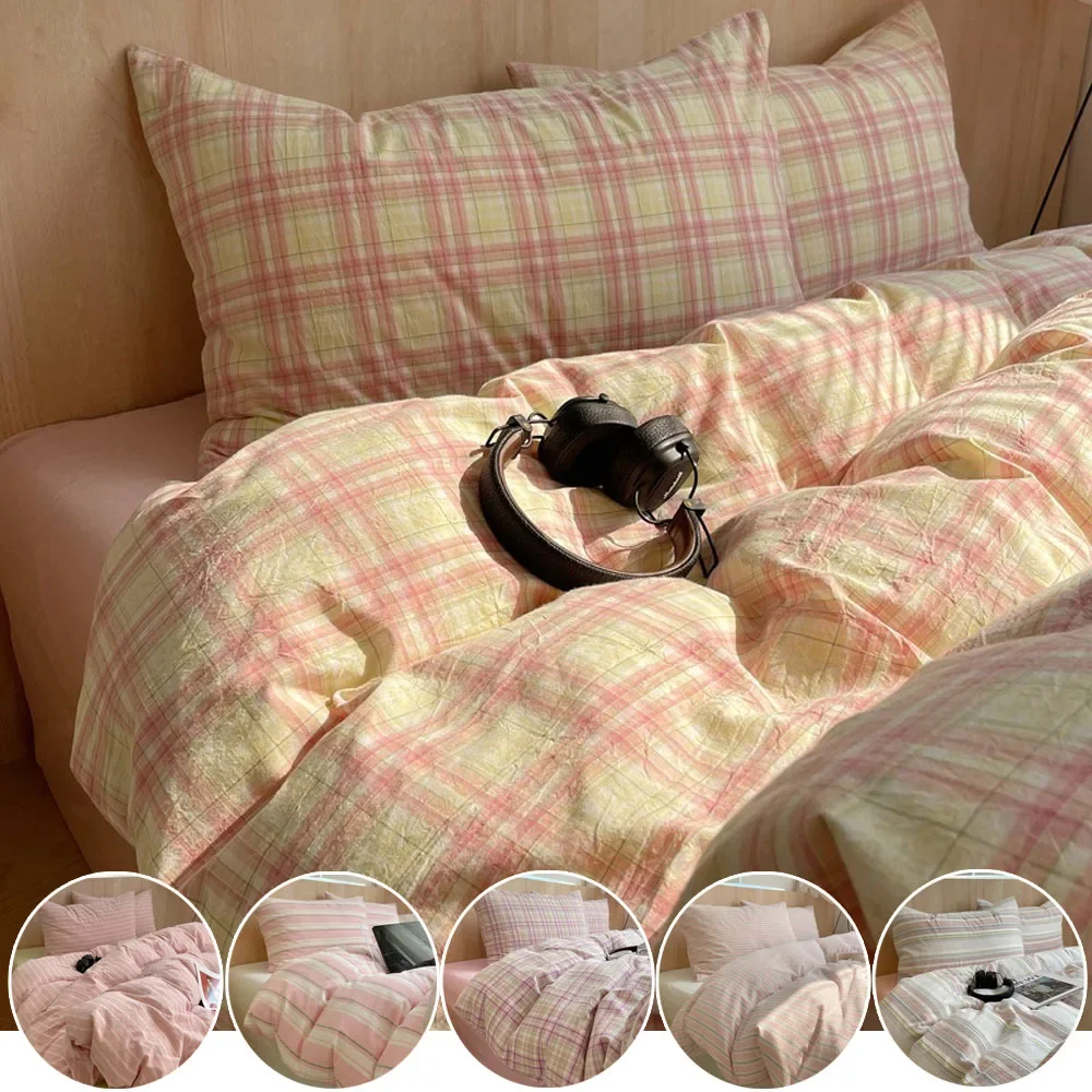 

4pcs/set Skin-friendly Quilt Cover Plaid Style Duvet Covers Bed Sheet and Pillow Case Soft and Comforter Four-piece Bedding Set