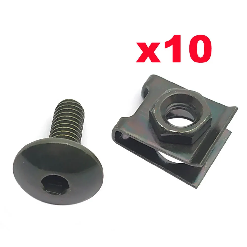 10 Sets Motorcycle Scooter ATV Moped Plastic Cover Screw Bolt and U Type Clips with Nut M6 6mm M6X16