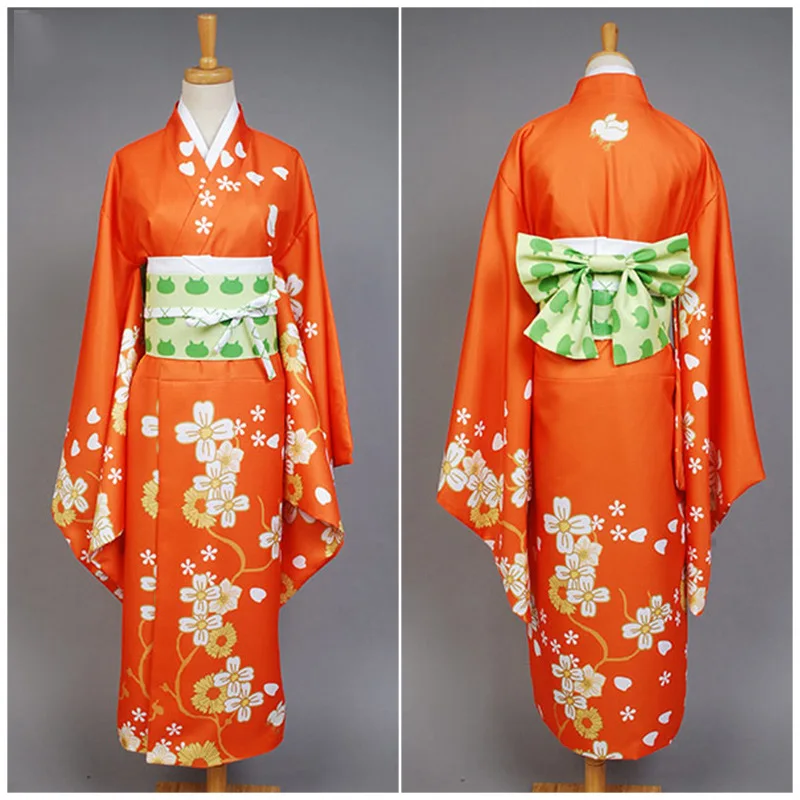 

Danganronpa 2 Hiyoko Saionji Cosplay Costume Orange Japanese Bow Belt Kimono Adult Women Sakura Dress Halloween Carnival Suit