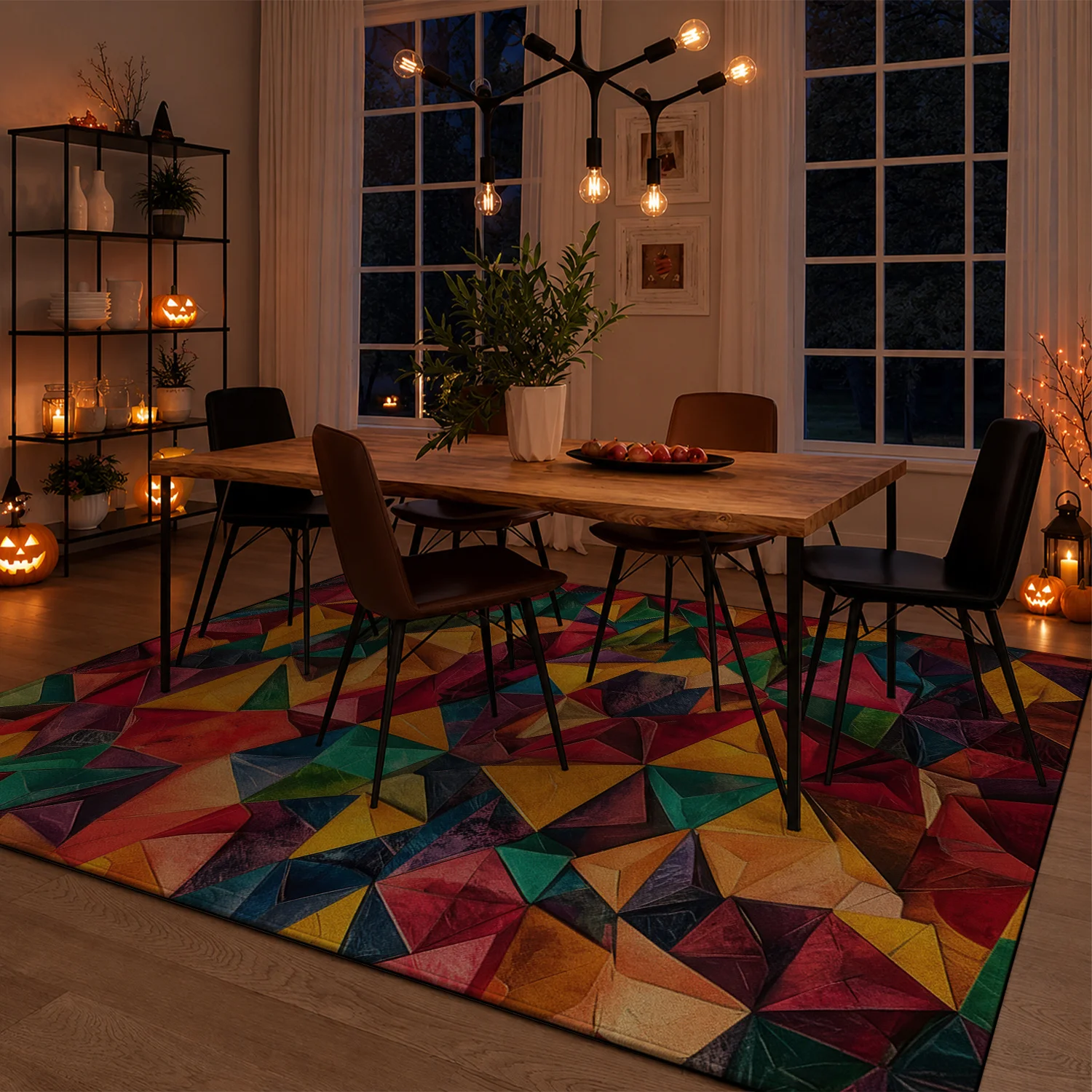 Large Indoor Area Rug, Soft Velvet Low Pile with Non-slip Dotted Backing, Machine Washable, Vibrant Colorful Geometric Triangle Pattern for Living Room Bedroom Home Decor