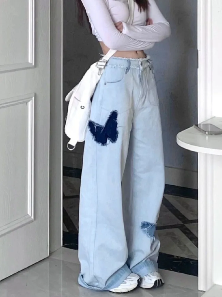 HOUZHOU Y2K Hippie Blue Baggy Jeans Women Kpop Graphic Denim Pants Oversize Harajuku Streetwear Wide Leg Trousers Patchwork