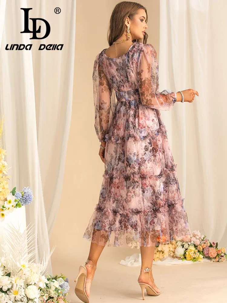 LD LINDA DELLA Autumn New style Women\'s Ball Gown Dress Lantern Sleeve Edible Tree Fungus Edge Mesh Vintage Print Party Dresses