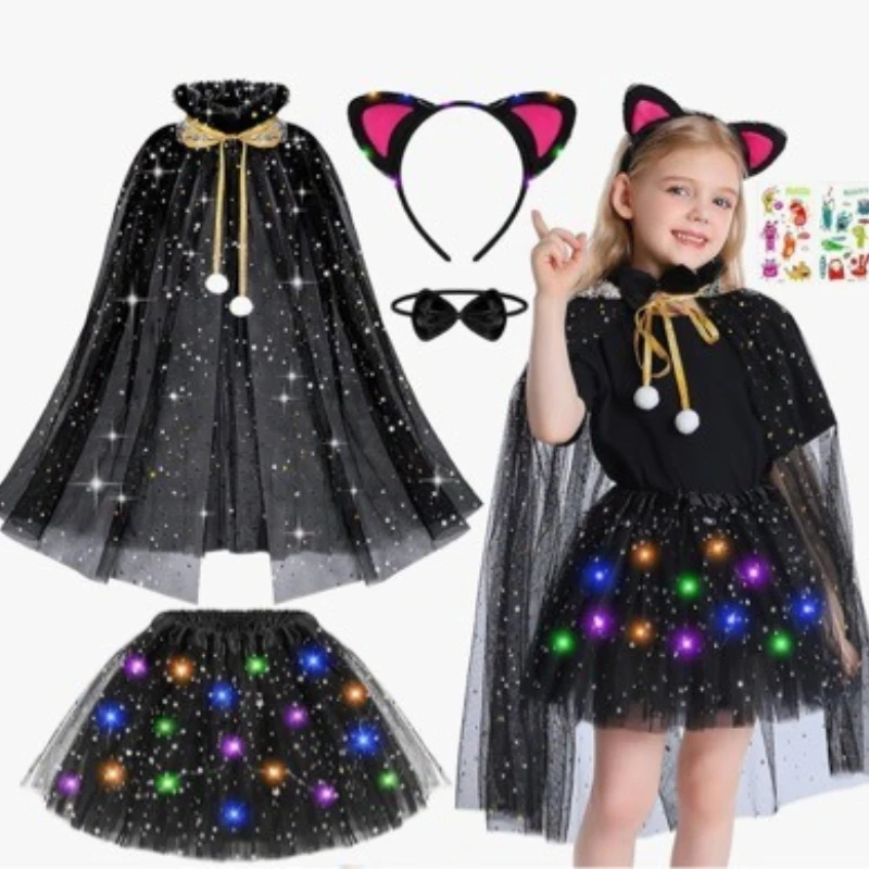Toddler Cute Black Kitten Cosplay Bundle Sheer Princess Cape Fluffy Cat Tail Ear Headpiece Glitter Tutu Skirt Holiday Outfit