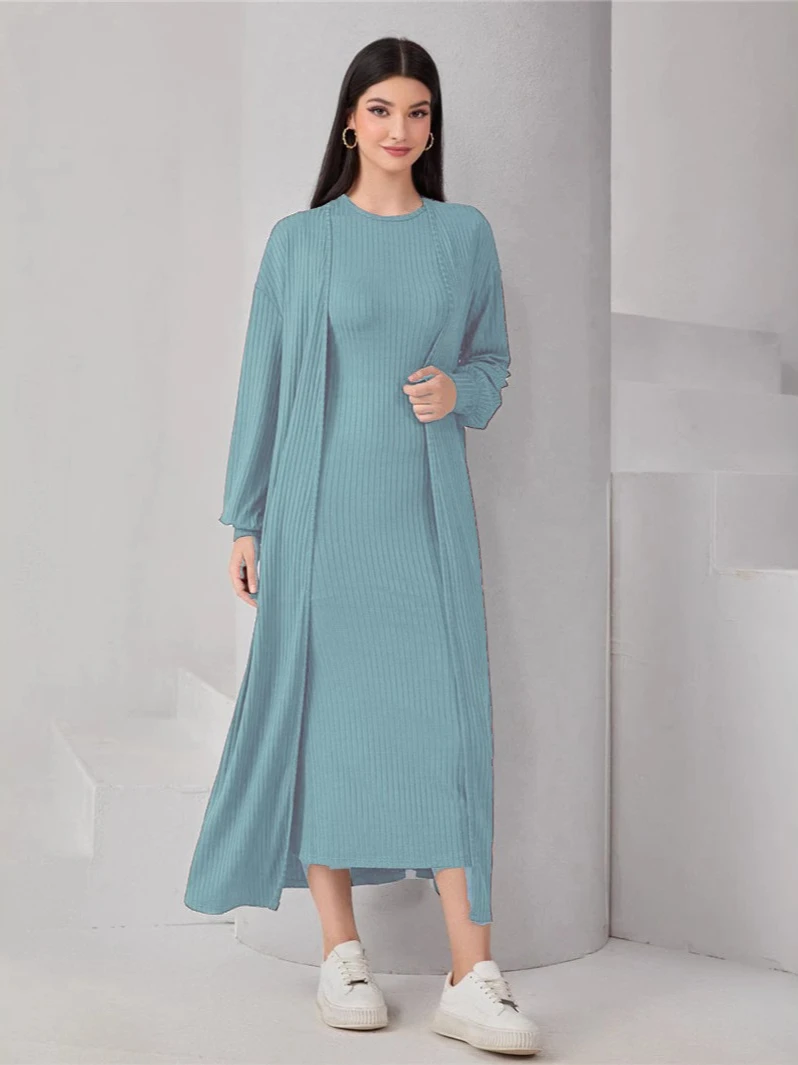 ฤดูใบไม้ร่วงมุสลิมชุดสตรีเสื้อสเวตเตอร์ถักชุด 2 ชิ้นชุดแขนยาว Abaya Caftan ชุด Saudi อาหรับดูไบ Musulman Ensembles 2025