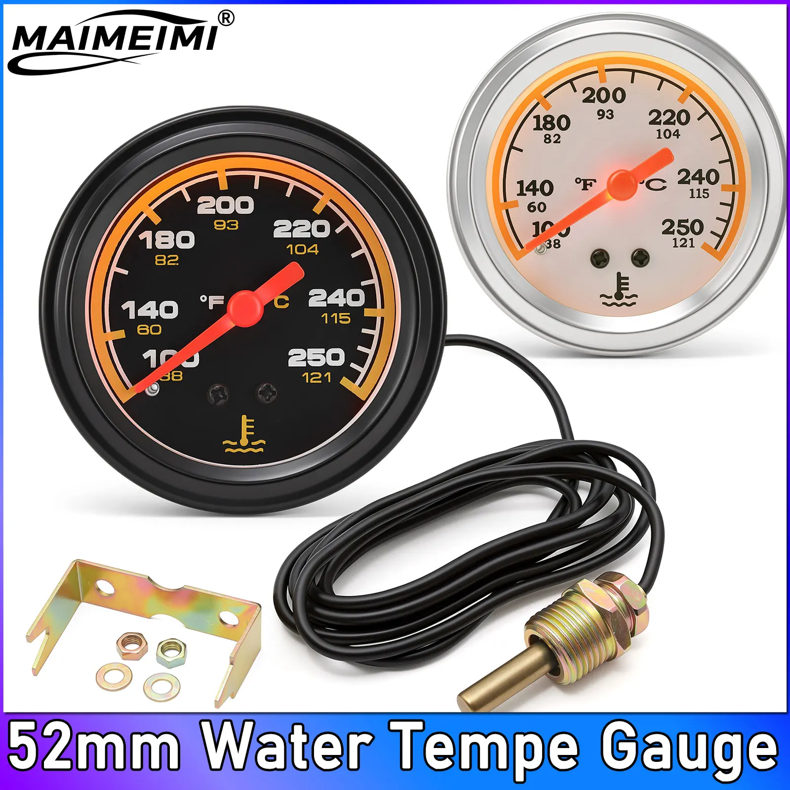 

2 Inch 52mm Water Temperature Gauge Dual Scale Mechanical with Sensor 21mm 1/2NPT Thread , 18m Wire for 12V Vehicle Use