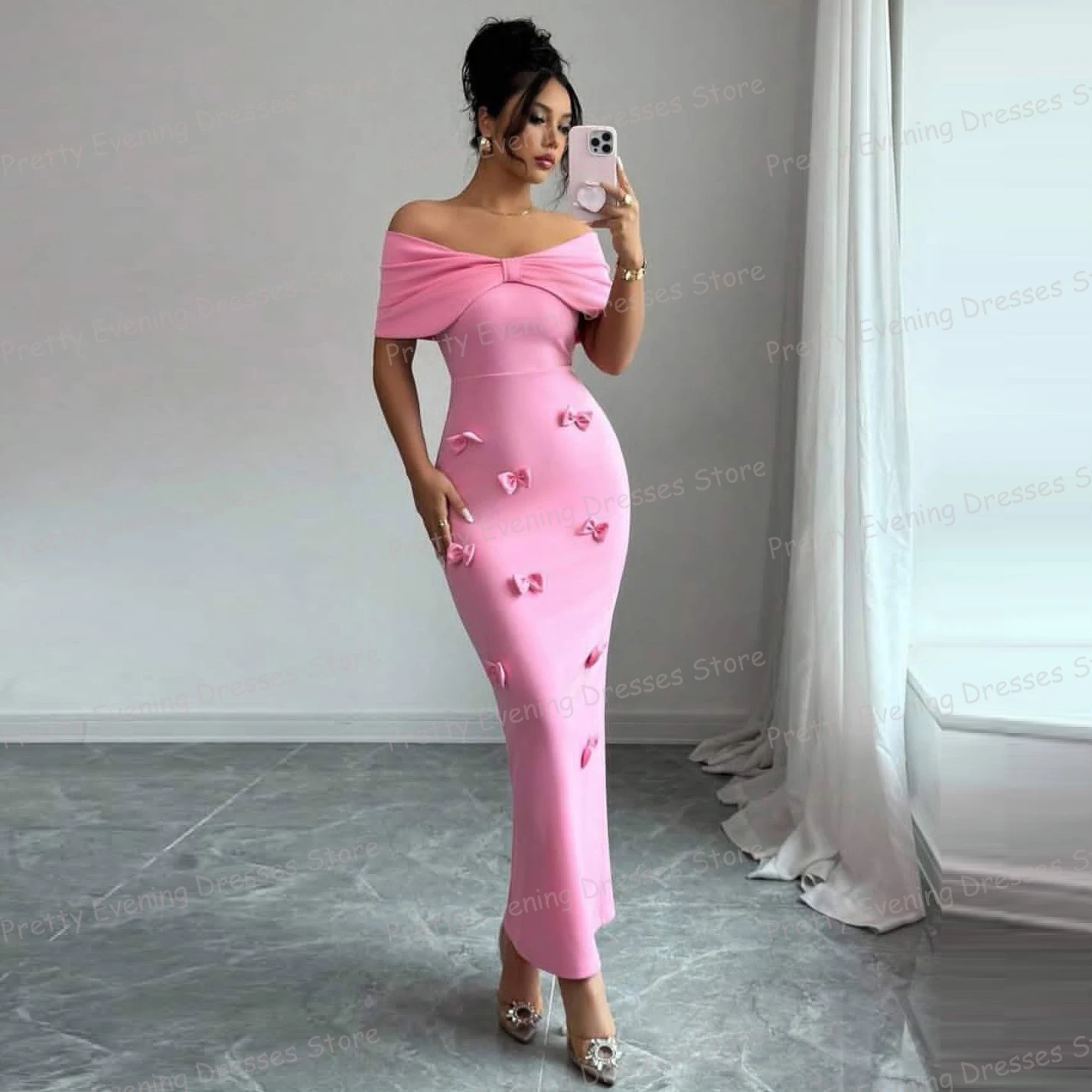 

Simple Pink Evening Dresses Mermaid Woman's Off Shoulder Sleeveless Bows Prom Gowns Fashion Party Vestidos De Noche Customized