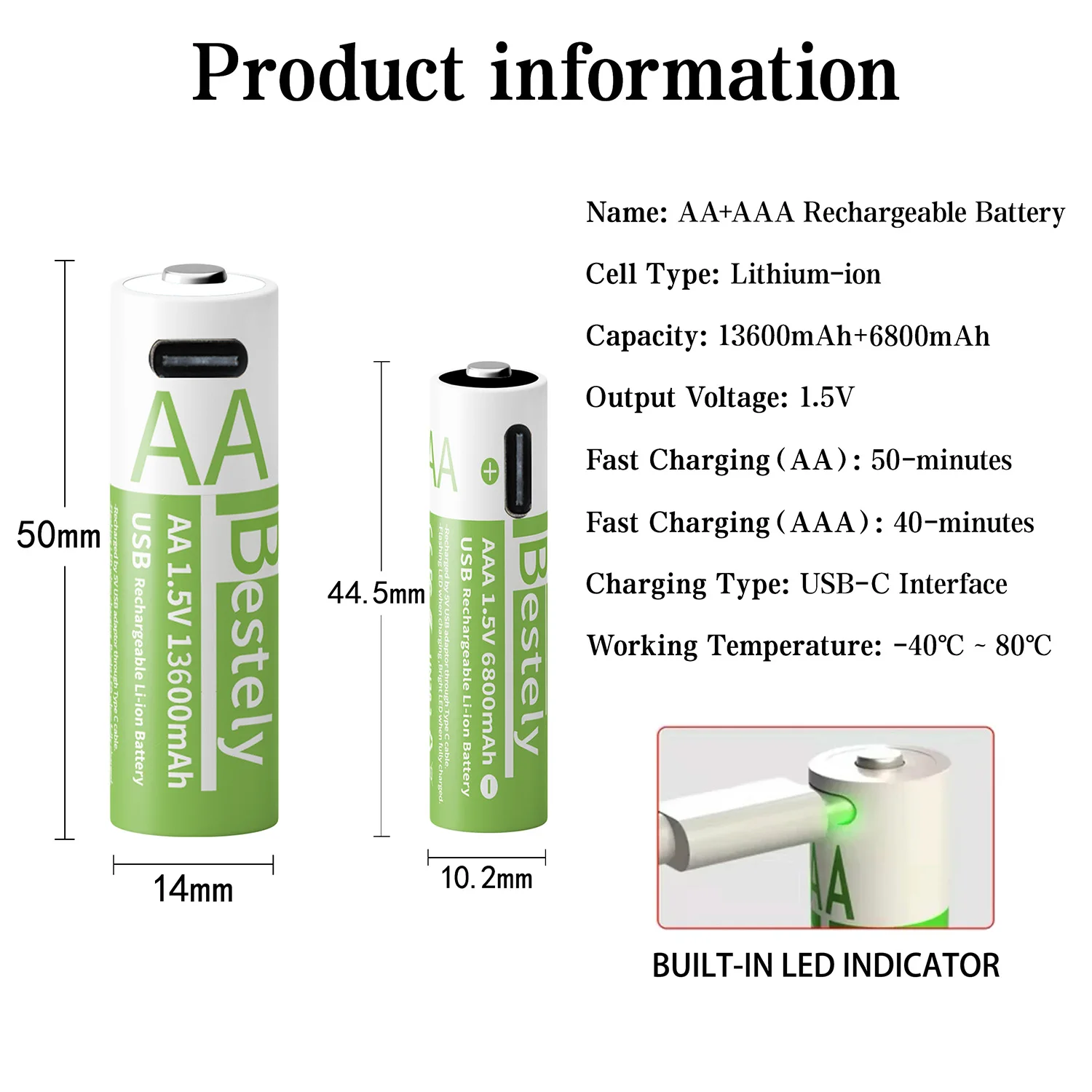 1.5V AA 13600mAh + AAA 6800mAh Rechargeable Lithium Battery Set with USB-C Fast Charging Type C Cable