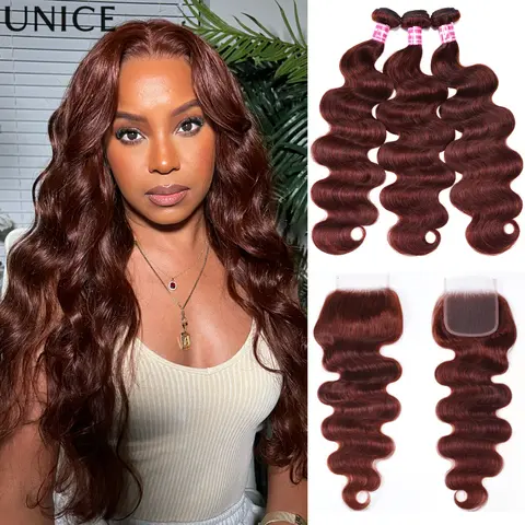 UNICE Reddish Brown Body Wave Bundles With Closure 100% Human Hair Bundles 2/3/4 PCS With 4x4 Lace Closure Make 250% DensityWig