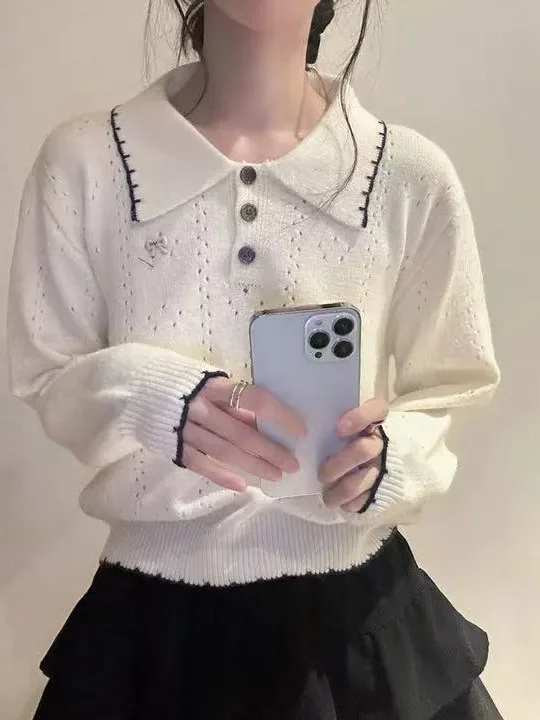 Francês sle longo sve camisola de malha feminina solto ajuste bordado nó oco para fora colarinho algodão macio outono topo