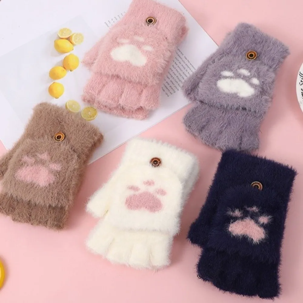 Cartoon Style Soft Cat Paw Gloves Thicken Flip Up and Down Half Finger Gloves Touch Screen Cozy Warm Mittens Outdoor