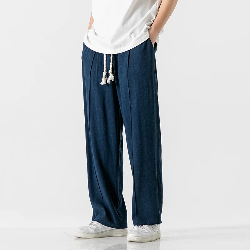 Summer Chinese Style Harem Pants Men Cotton Linen Solid Casual Trousers Mens Loose Lightweight Drawstring Full Length Pants Man