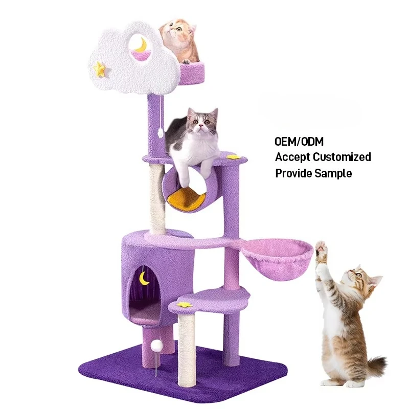 

Wholesale Cat Tree House Climbing Frame Cute Luxury Purple Large Cat Trees and Scratcher Sisal Wood Pet Cat Tree Tower