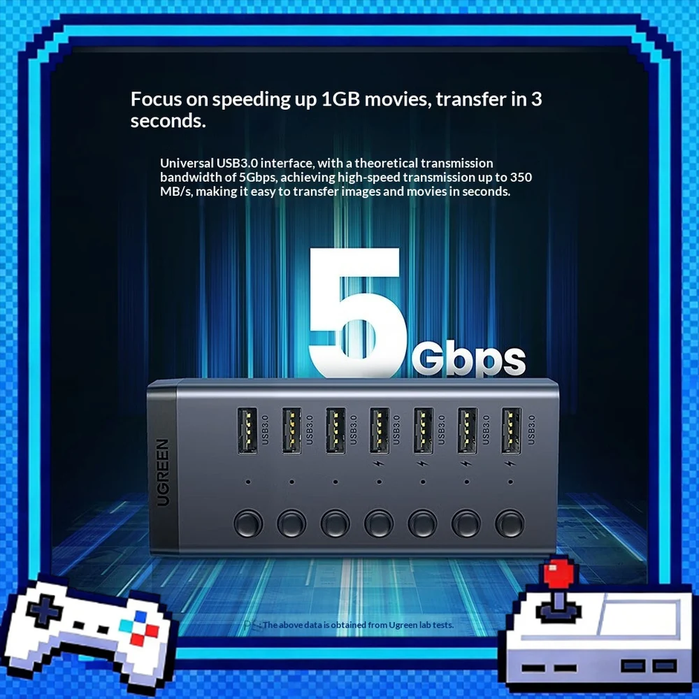 UGREEN 30778 CM481 USB 3.0 Hub 7 Port with Individual Switches 12V 2A Power Adapter USB Splitter for Laptop PC