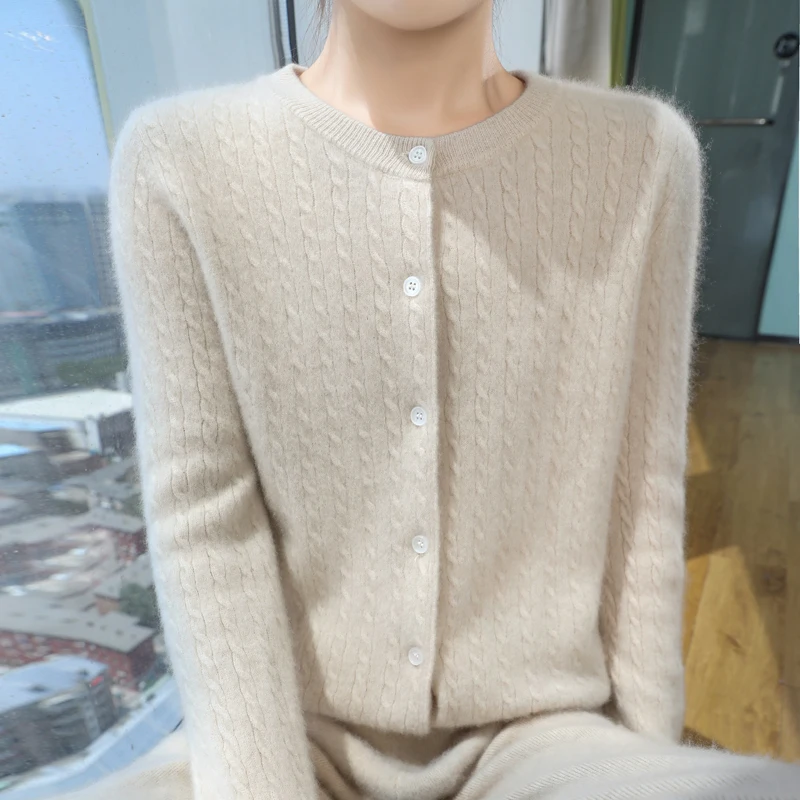 Autumn Winter 100% Merino Wool Sweater Women Cashmere O-neck Cardigan Long Sleeve Twist Knitwear Female Bottoming Soft Clothes